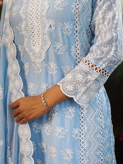 Women Ethnic Motifs Embroidered Regular Chikankari Pure Cotton Kurta with Palazzos & With Dupatta