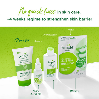 Simple Moisturising Facial Wash in a clear bottle with a pump dispenser, showcasing its gentle formula for clean, refreshed skin.