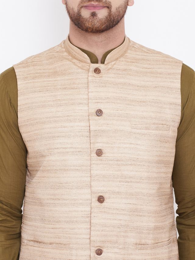 Men's Mehendi Green Cotton Blend Straight Jacket  Kurta and Pyjama Set