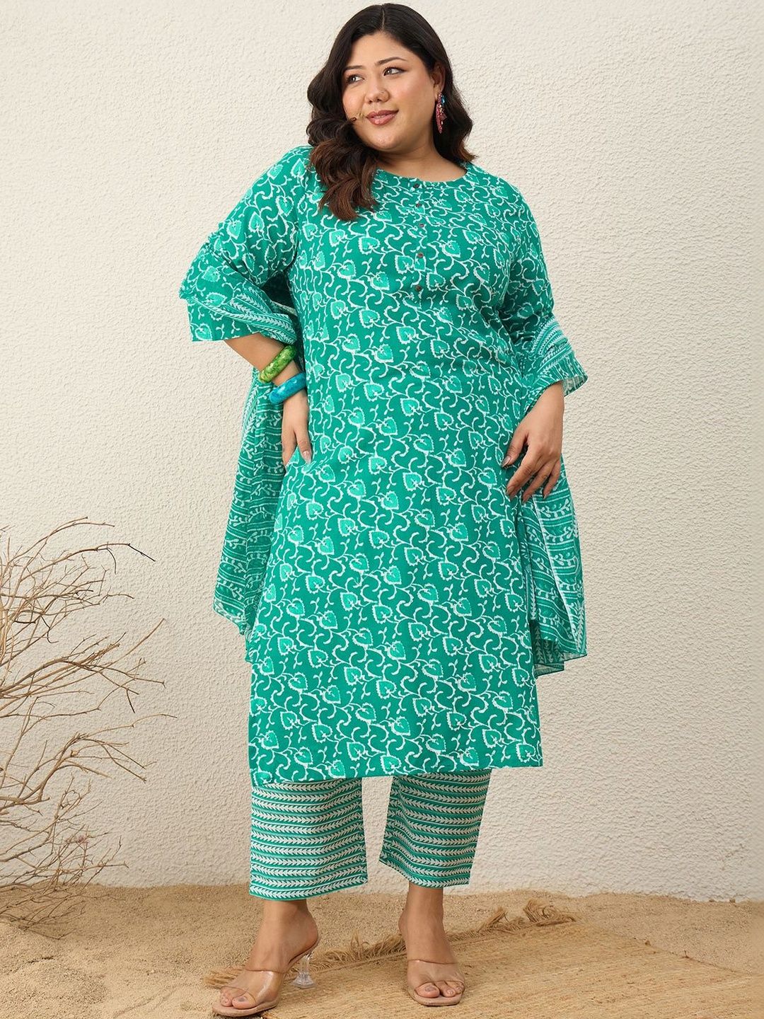 Indyancart Women's Ethnic Motifs Printed Regular Kurta with Trousers & With Dupatta