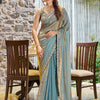 Women's Pure Chiffon Teal blue Embellished Designer Saree With Blouse Piece