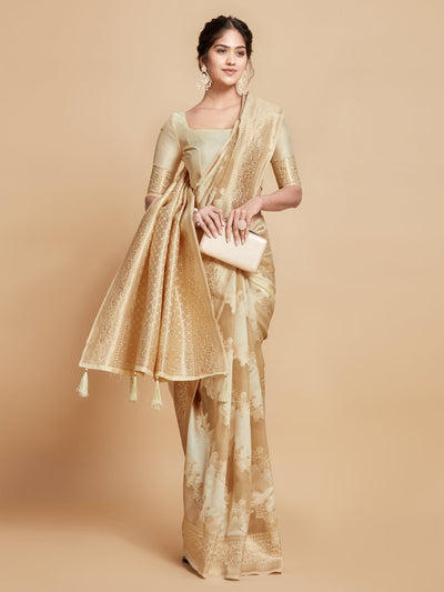 Indyancart GR Women's Maira Sepia Beige Leheriya Zari Woven Design Linen Saree