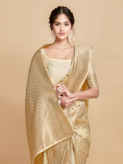 Indyancart GR Women's Maira Sepia Beige Leheriya Zari Woven Design Linen Saree