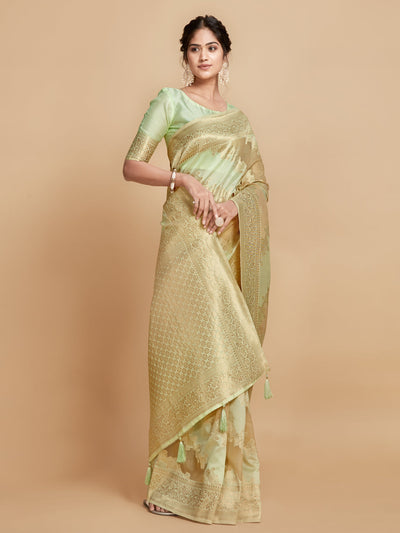 Indyancart GR Women's Maira Mint Green Leheriya Zari Woven Design Linen Saree