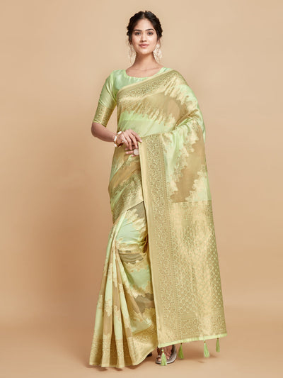 Indyancart GR Women's Maira Mint Green Leheriya Zari Woven Design Linen Saree