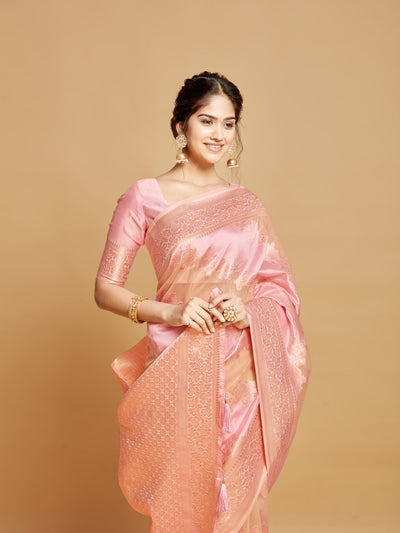 Indyancart GR Women's Maira Bubblegum Pink Leheriya Zari Woven Design Linen Saree