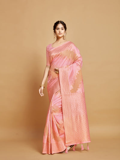 Indyancart GR Women's Maira Bubblegum Pink Leheriya Zari Woven Design Linen Saree