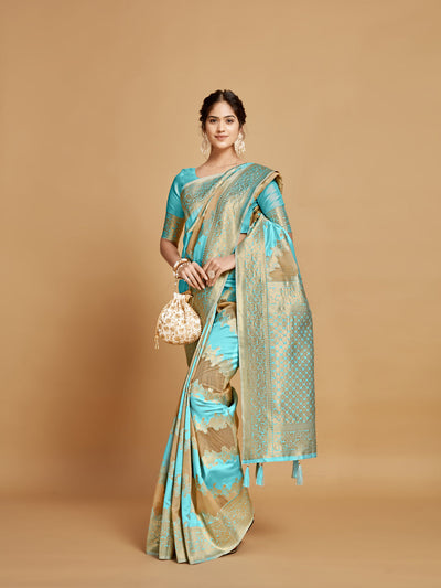 Indyancart GR Women's Maira Cyan Blue Leheriya Zari Woven Design Linen Saree