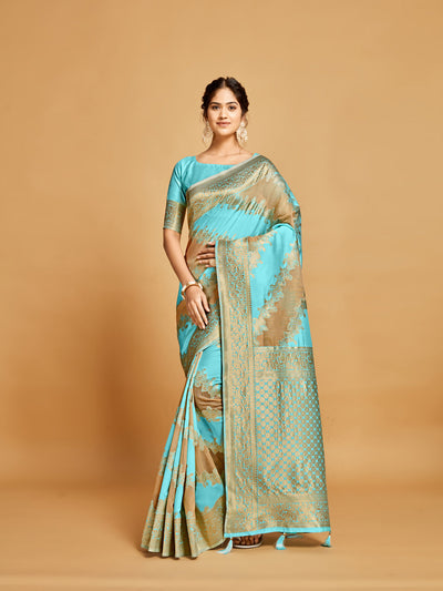 Indyancart GR Women's Maira Cyan Blue Leheriya Zari Woven Design Linen Saree