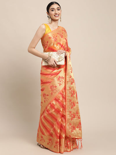 Indyancart GR Women's Manvika Melon Orange Organza Saree