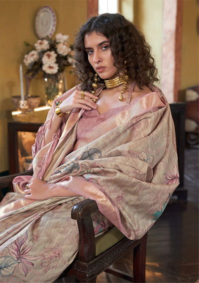 Indyancart GR Women's Breezy Mauve & Grey Banarasi Digital Soft Silk Saree