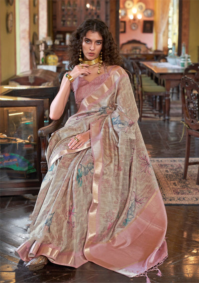 Indyancart GR Women's Breezy Mauve & Grey Banarasi Digital Soft Silk Saree