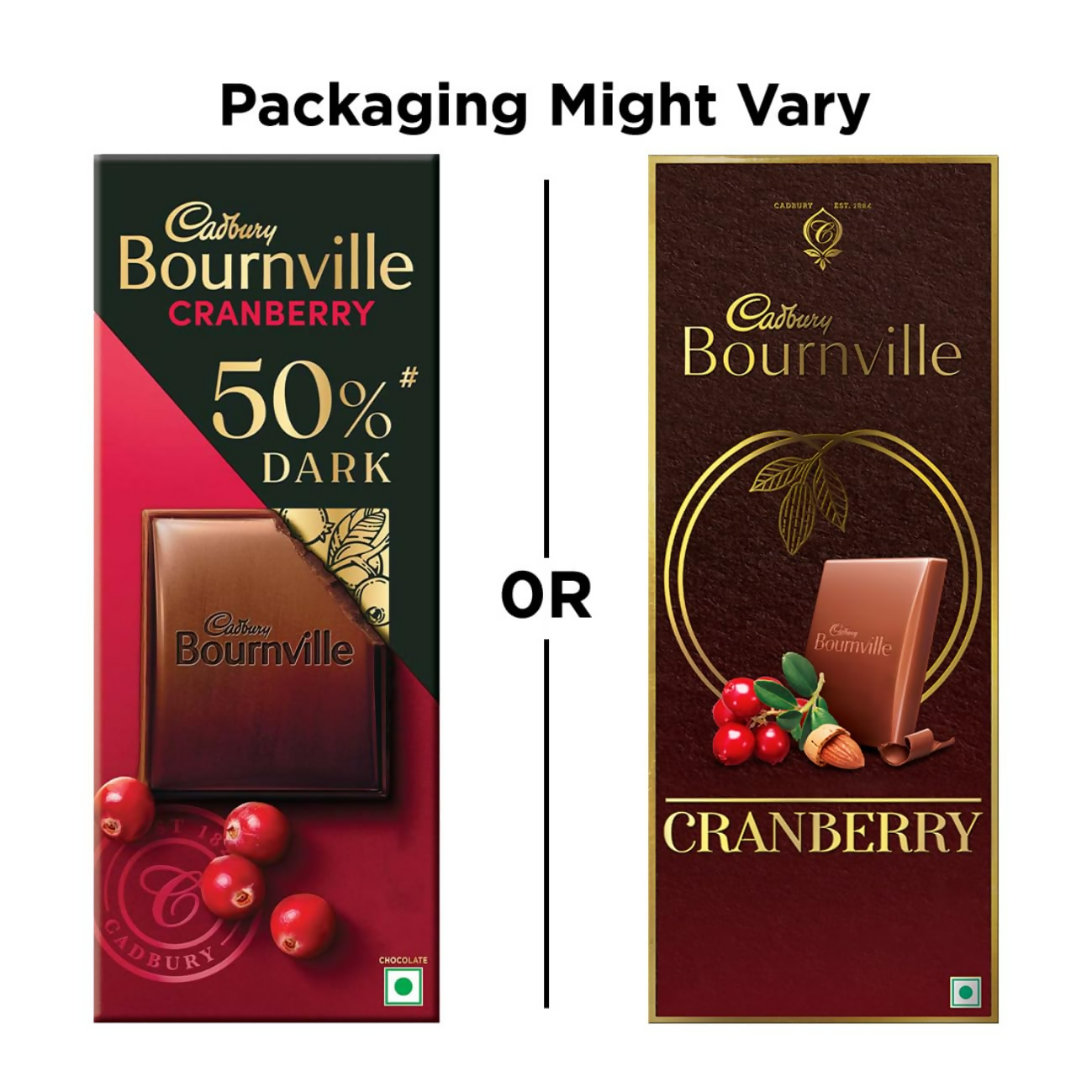 Cadbury Bournville Cranberry dark chocolate bar showing the chocolate with cranberries on the packaging.