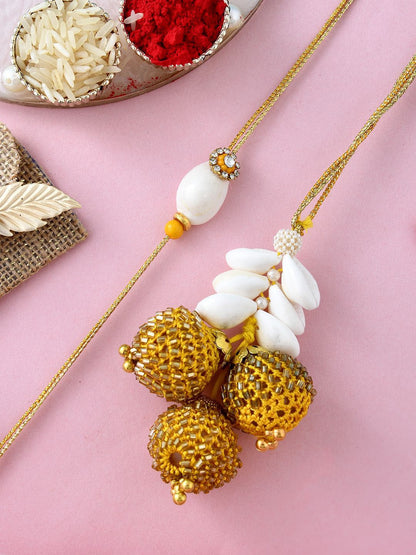 Anouk Gold Toned Beaded Bhaiya Bhabhi Thread Rakhis With Roli, Chawal & Greeting Card