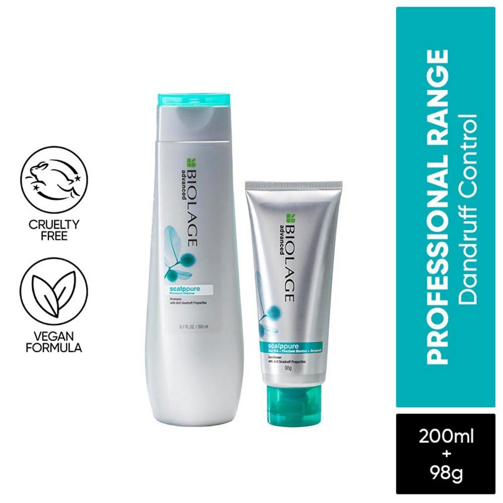 Matrix Biolage Scalppure anti-dandruff shampoo and conditioner bottles, clear packaging, labeled for scalp care and dandruff treatment.