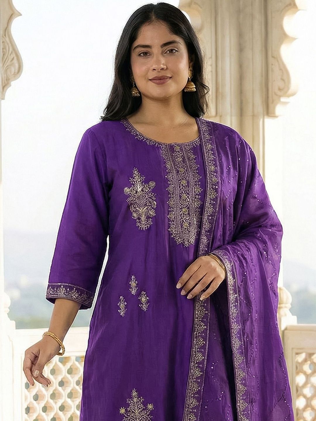 Indyancart Women's Ethnic Motifs Embroidered Regular Thread Work Kurta with Trousers & With Dupatta
