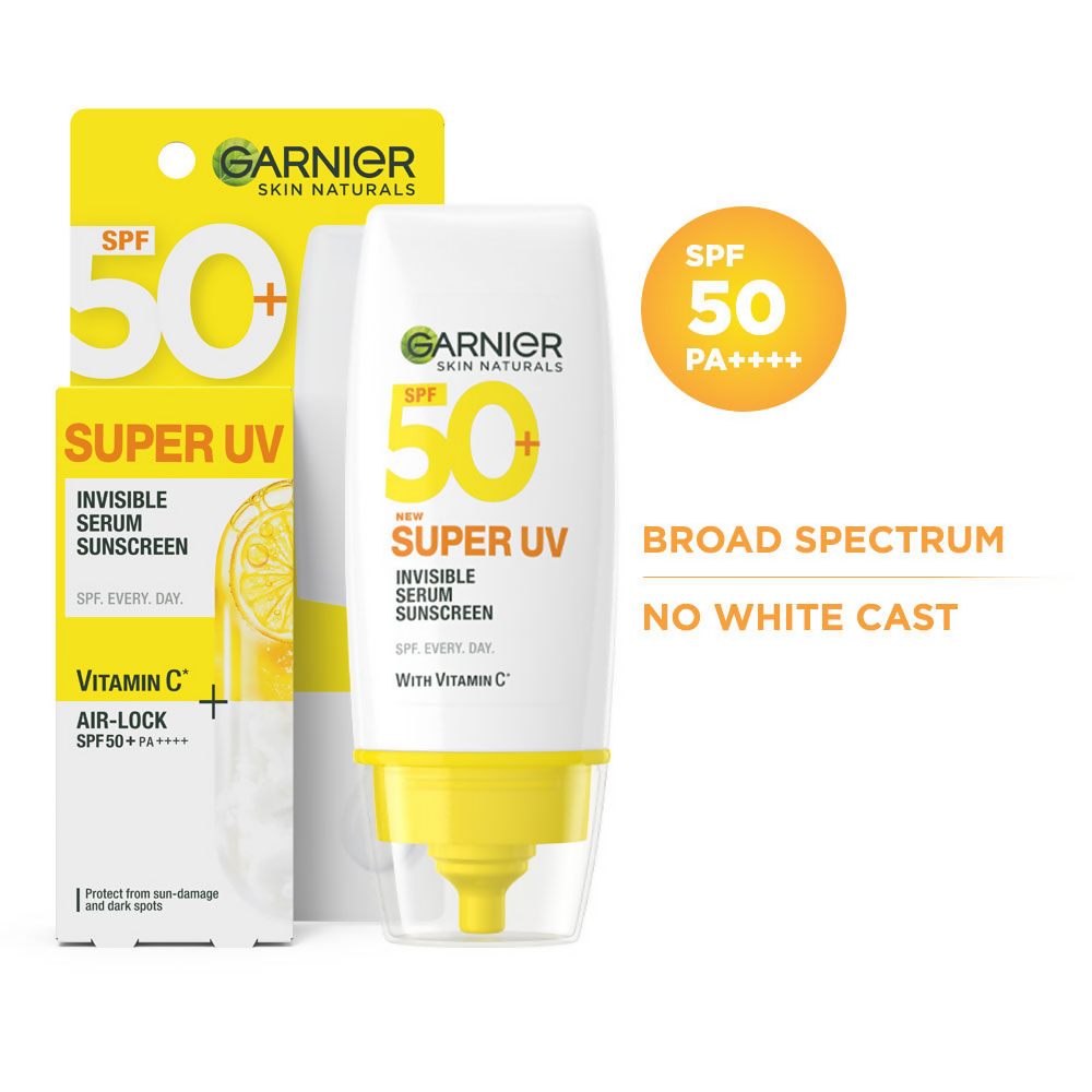 Garnier Super UV Invisible Serum Sunscreen bottle with clear label and pump dispenser, designed for facial sun protection.