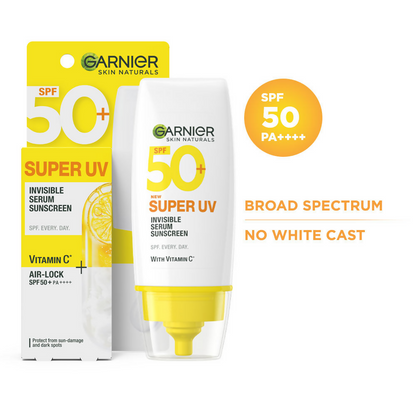 Garnier Super UV Invisible Serum Sunscreen bottle with clear label and pump dispenser, designed for facial sun protection.
