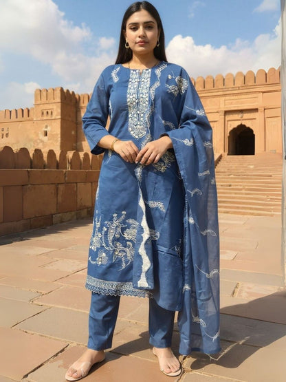 Ethnic Motifs Embroidered Thread Work Pure Cotton Kurta With Trousers & Dupatta