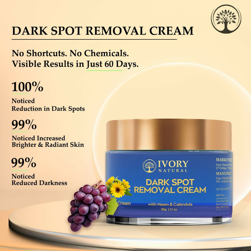 Ivory Natural dark spot removal face cream in a jar, showing the creamy texture and smooth application for glowing skin.