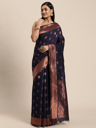 Indyancart GR Women's Meera Navy Blue Silk Blend Saree