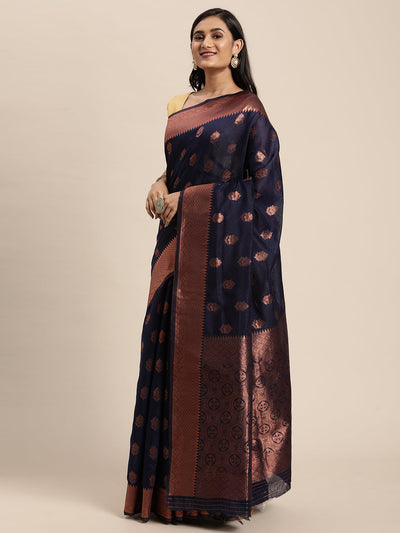 Indyancart GR Women's Meera Navy Blue Silk Blend Saree