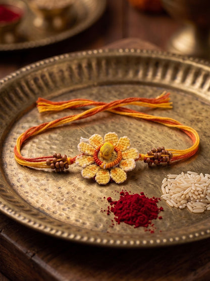 Anouk Yellow Floral Seed Thread Rakhi With Roli Chawal Chandan Mishri
