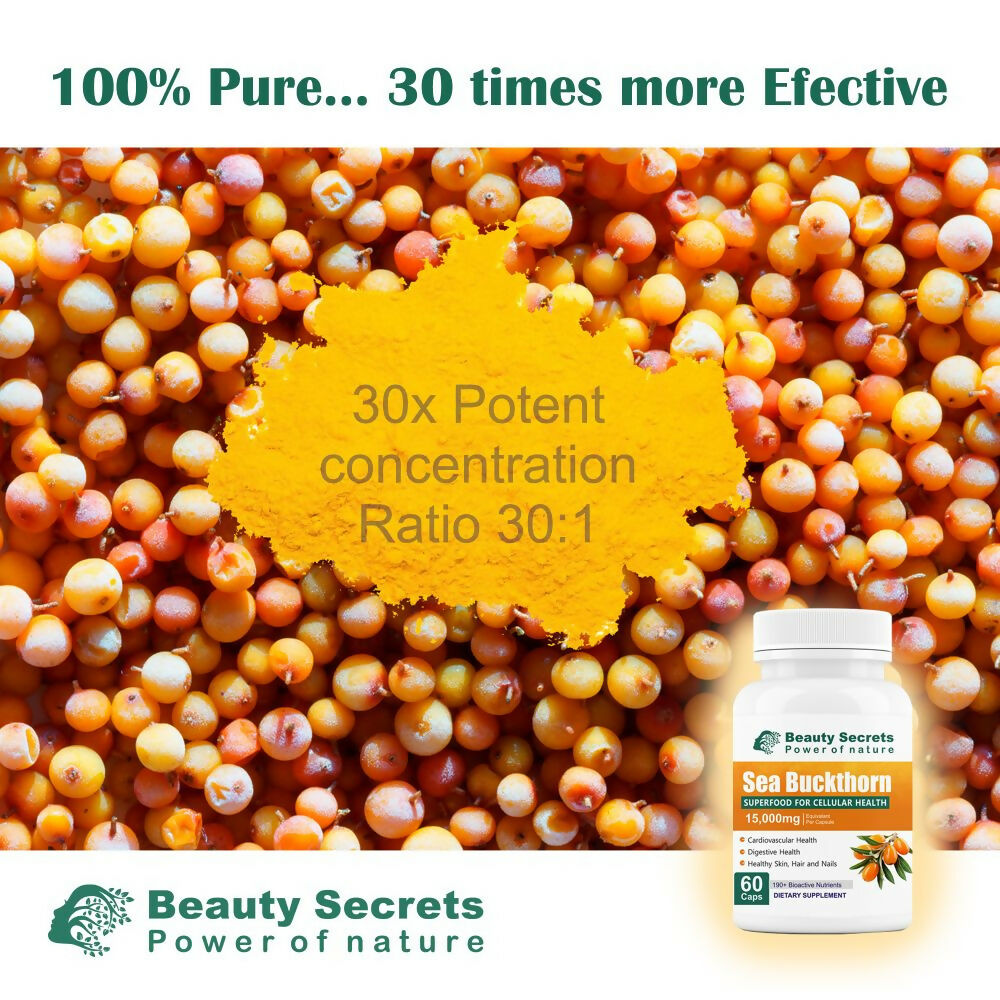 Beauty Secrets Himalayan Sea Buckthorn Ayurvedic capsules in a clear bottle with capsules visible inside.