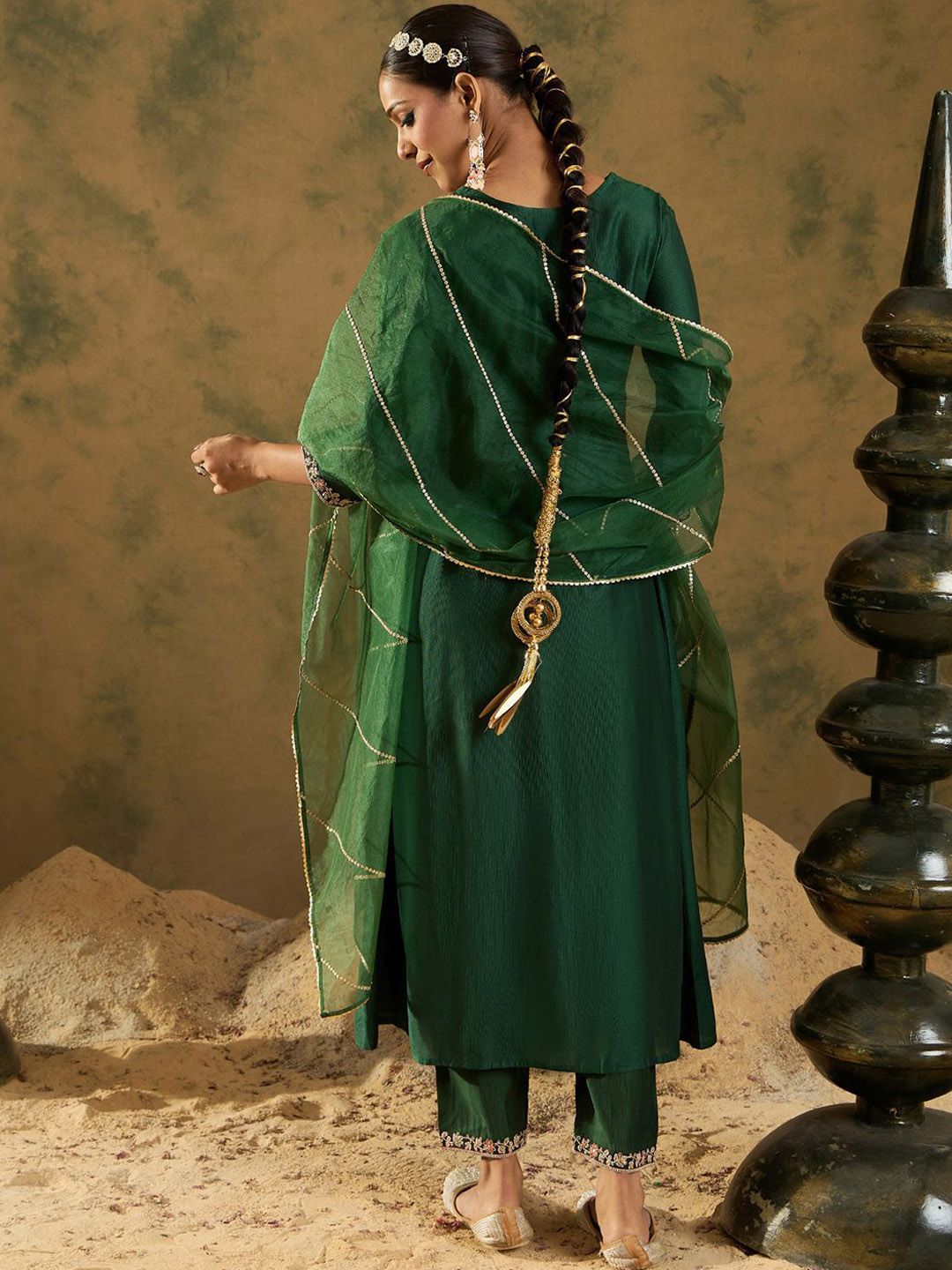 Dhiyona IE Embroidered Zari Work Regular Sleeves A-line Shape V-Neck Liva Kurta Set