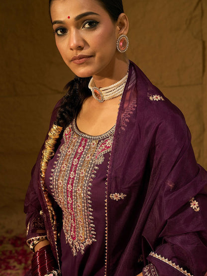 Indyancart IE Burgundy Floral Embroidered Straight Kurta with Trousers & Dupatta