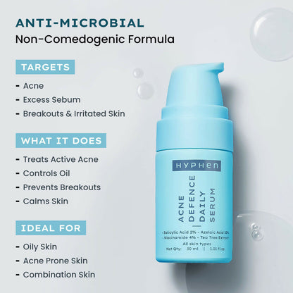 Hyphen by Kriti Sanon acne serum and essence set featuring clear bottles with dropper caps for skincare.