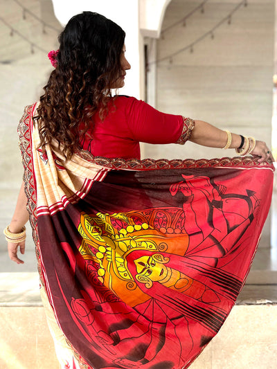 Women's Cotton Red Embellished Designer Saree With Blouse Piece