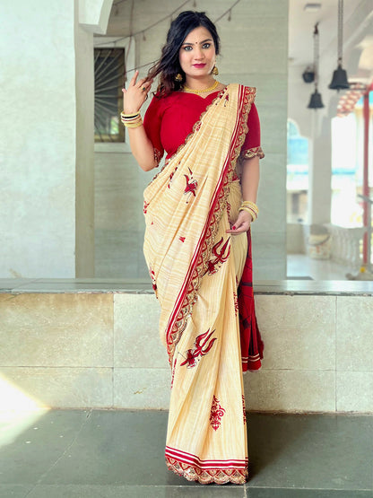 Women's Cotton Red Embellished Designer Saree With Blouse Piece