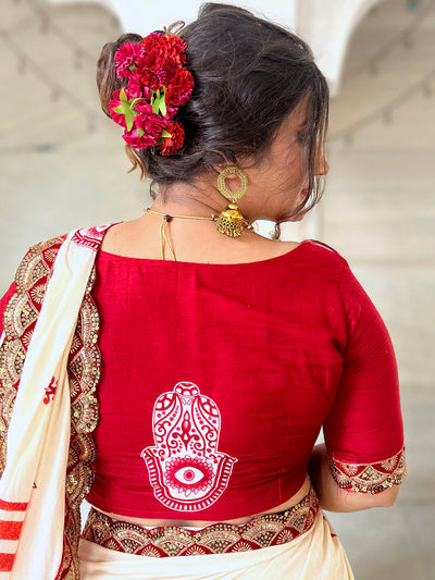 Women's Cotton Red Embellished Designer Saree With Blouse Piece