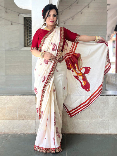Women's Cotton Red Embellished Designer Saree With Blouse Piece