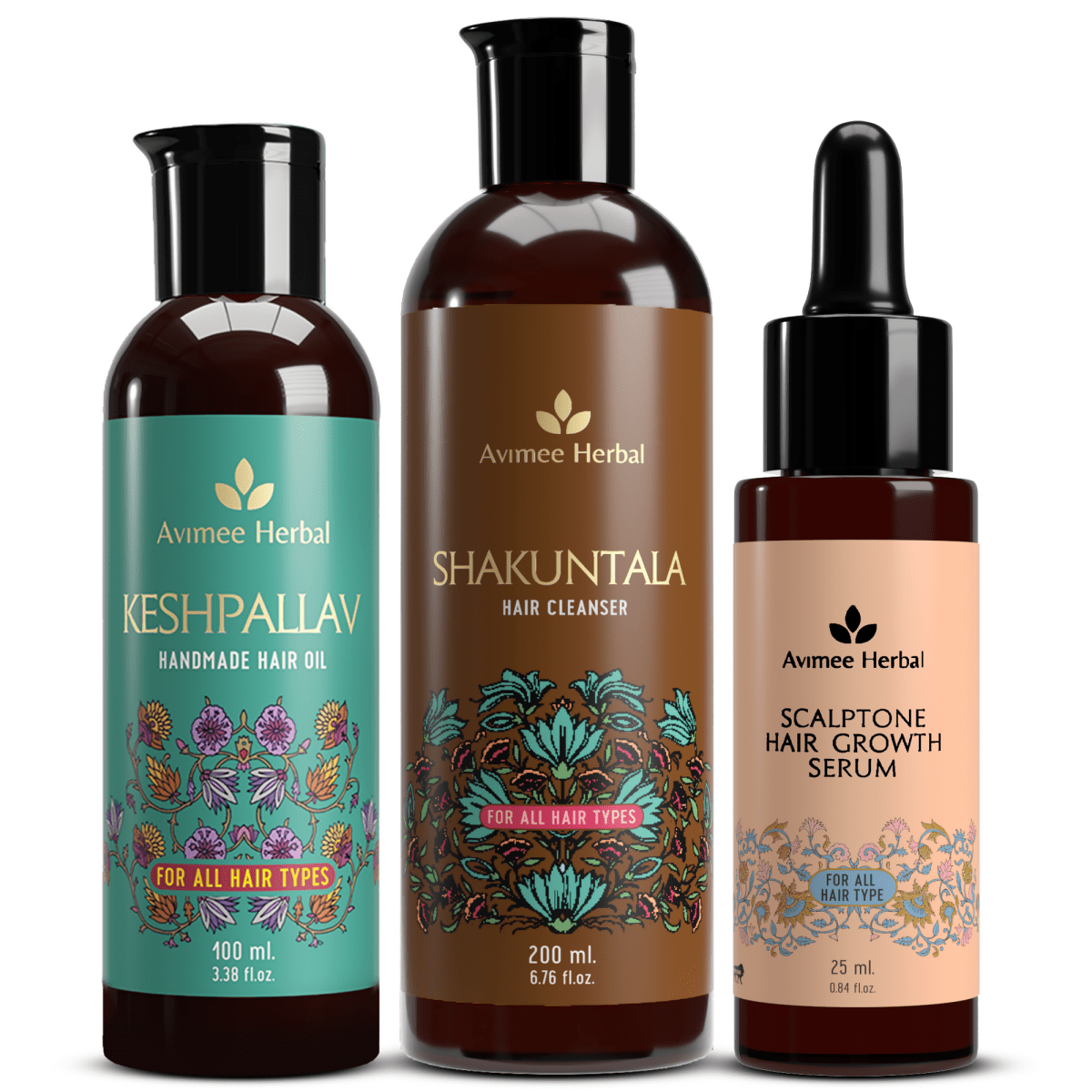 Avimee Herbal Keshpallav Hair Oil, Shakuntala Hair Cleanser, and Scalptone Hair Growth Serum for healthy hair care.