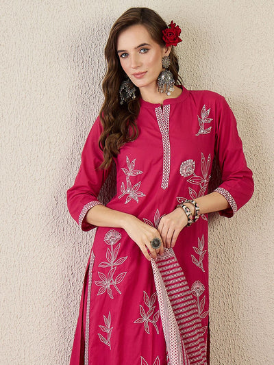 Indyancart IE Women Embroidered Beads and Stones Pure Cotton Kurta with Trousers & Dupatta