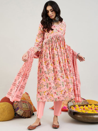 Indyancart IE Pink Floral Printed Mirror Work Pure Cotton Empire Kurta with Trouser & Dupatta