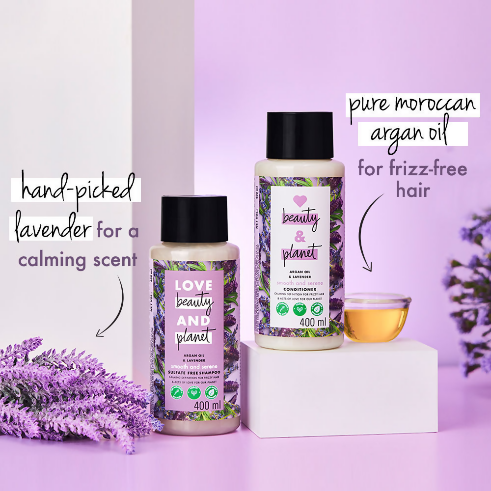 Love Beauty and Planet argan oil and lavender sulfate-free shampoo for dry, frizzy hair, shown in a clear bottle with lavender accents.