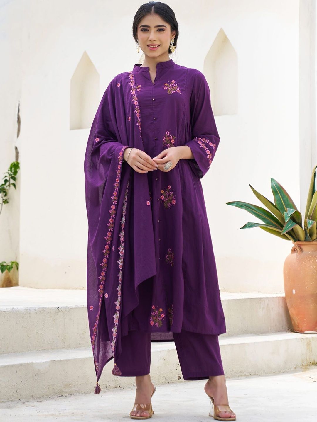 Floral Embroidered Thread Work Pure Cotton A-Line Kurta With Trousers & Dupatta