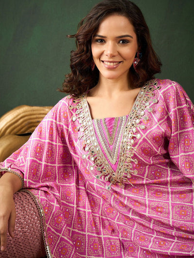 Indyancart SN Women's Pink Bandhani Printed Gotta Patti Asymmetric Kaftan With Dhoti Pant