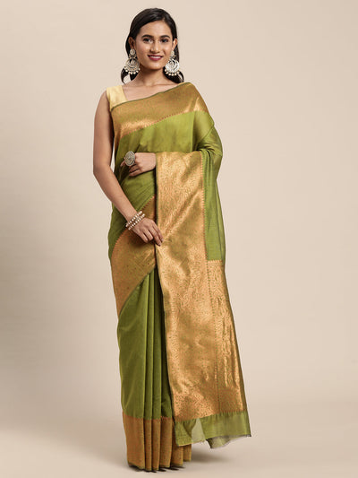 Indyancart GR Women's Monalisa Grass Green Silk Blend Saree