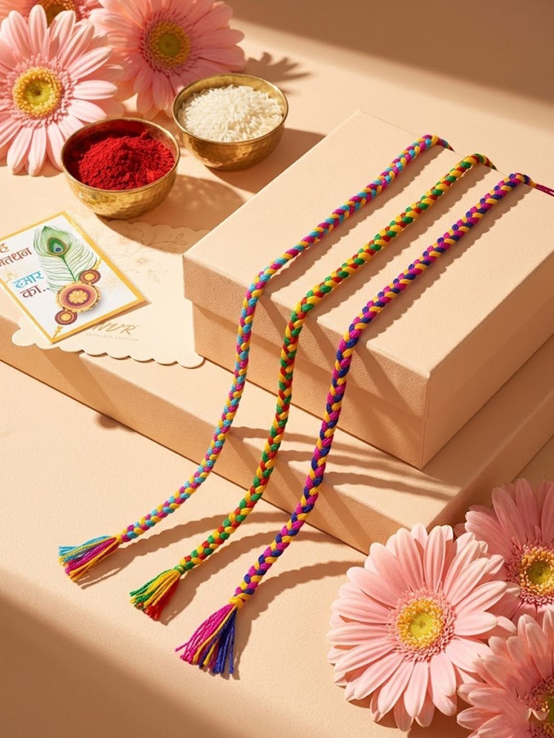 Anouk Set Of 3 Multicolor Thread Rakhi With Roli Chawal Chandan Mishri