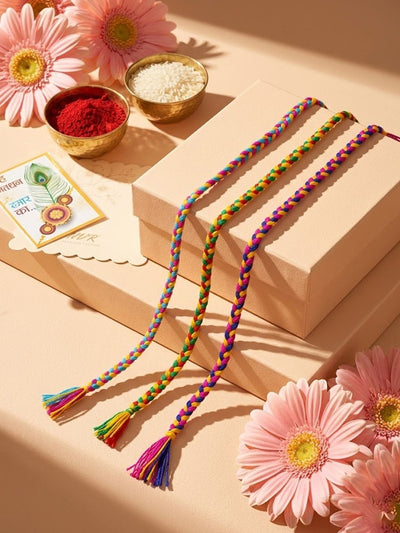 Indyancart Set Of 3 Multicolor Thread Rakhi With Roli Chawal Chandan Mishri