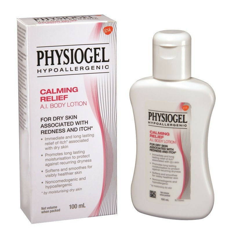 Physiogel Calming Relief A.I Body Lotion bottle with pump dispenser, moisturizing and soothing skin relief for sensitive skin.