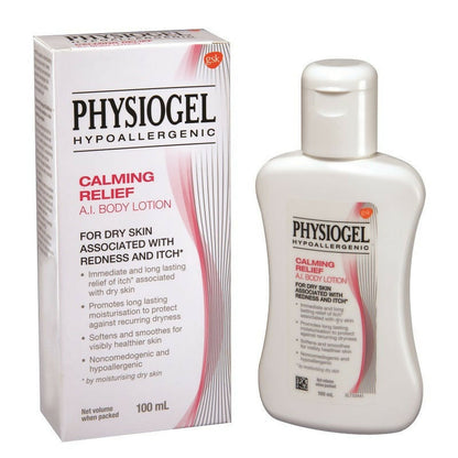 Physiogel Calming Relief A.I Body Lotion bottle with pump dispenser, moisturizing and soothing skin relief for sensitive skin.
