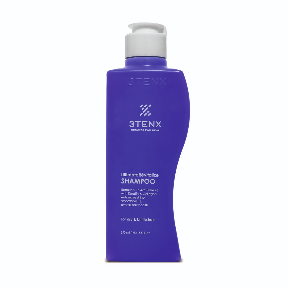 3TENX UltimateRevitalize Shampoo for dry and brittle hair, showing a sleek bottle with revitalizing formula for damaged hair.