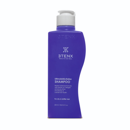 3TENX UltimateRevitalize Shampoo for dry and brittle hair, showing a sleek bottle with revitalizing formula for damaged hair.