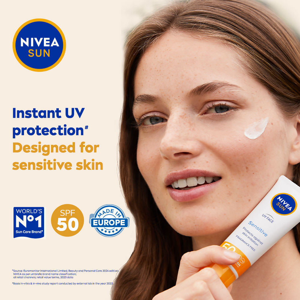 Nivea Sun Sensitive Skin SPF 50 sunscreen bottle showing a smooth, lightweight formula designed for sensitive skin.