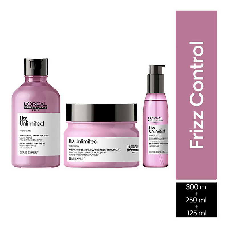 L'Oreal Professionnel Liss Unlimited hair mask, shampoo, and serum set from Serie Expert, designed for smooth, frizz-free hair.